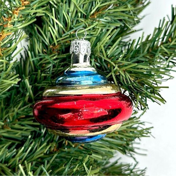 Vintage Poland Mercury Glass Christmas Ornament Spinning Top Blue Red Gold - Picture 1 of 7